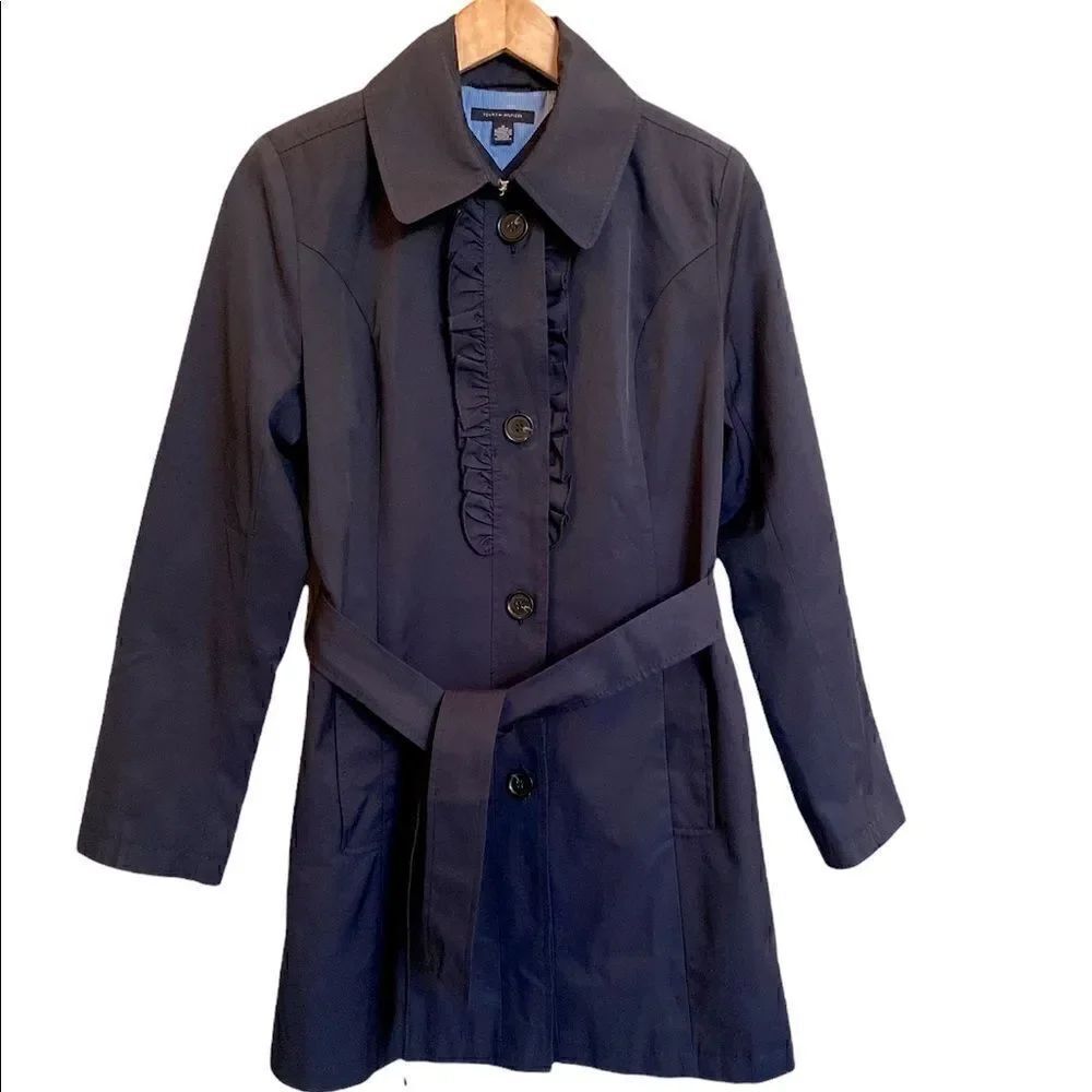 Tommy Hilfiger Women’s Navy Blue Trench Coat Ruffle Detail Size Medium
